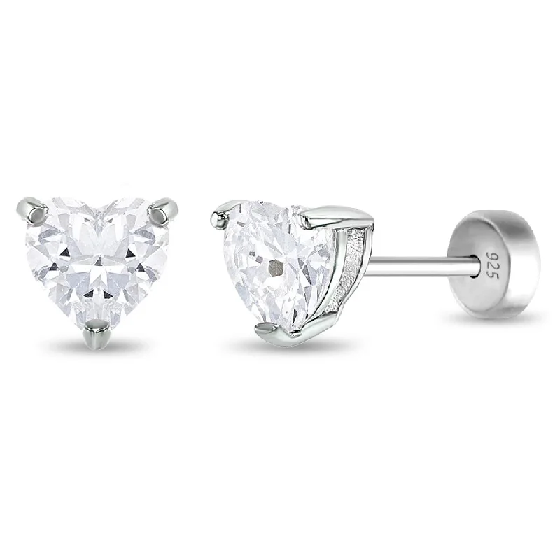 Don't Miss Our Biggest Jewelry Sale Of The Season Solitaire Heart Kids / Children's / Girls Earrings Safety Push Back - Sterling Silver